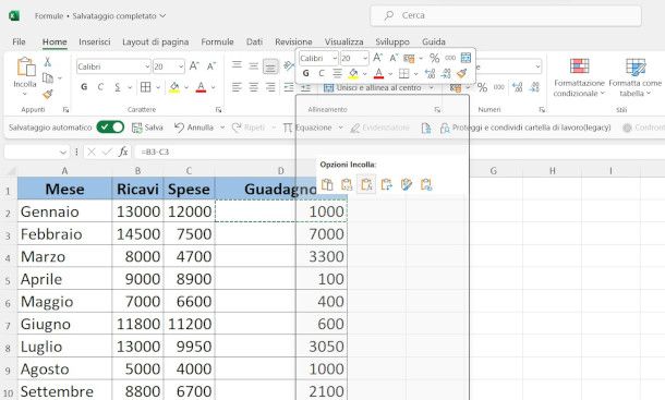 incollare una formula Excel tramite menu contestuale