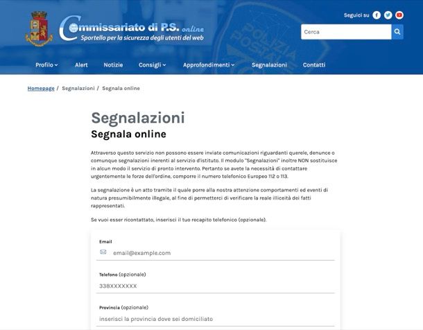 Modulo di segnalazione della Polizia Postale