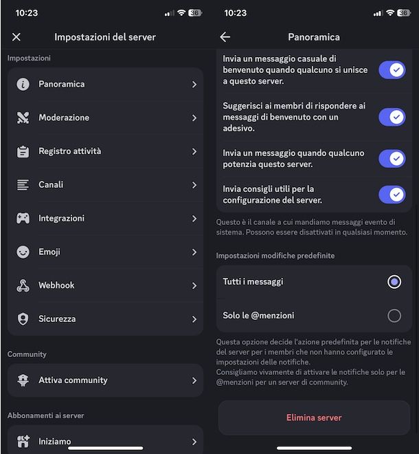 Eliminare server Discord da telefono