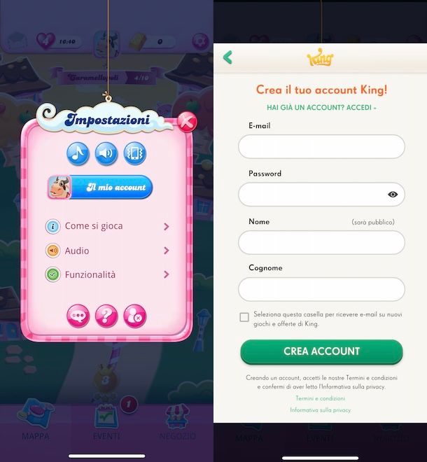 Creare account su Candy Crush Saga