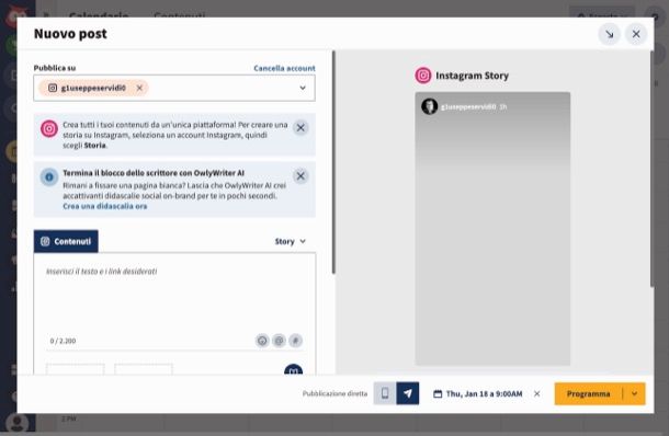 Programmare storie Instagram con HootSuite