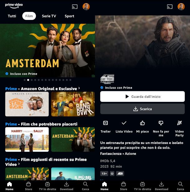 schermate app Amazon Prime Video