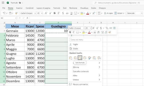copiare una formula su Excel online