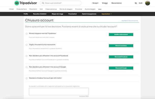 Cancellare account TripAdvisor