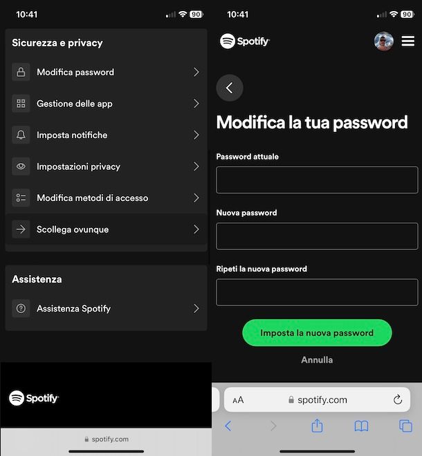 Cambiare password Spotify da smartphone