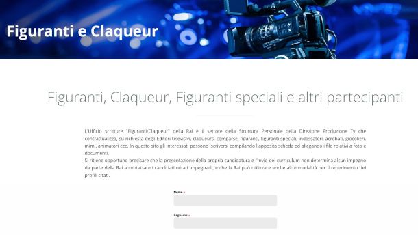 pagina del sito Rai per figuranti e claquer