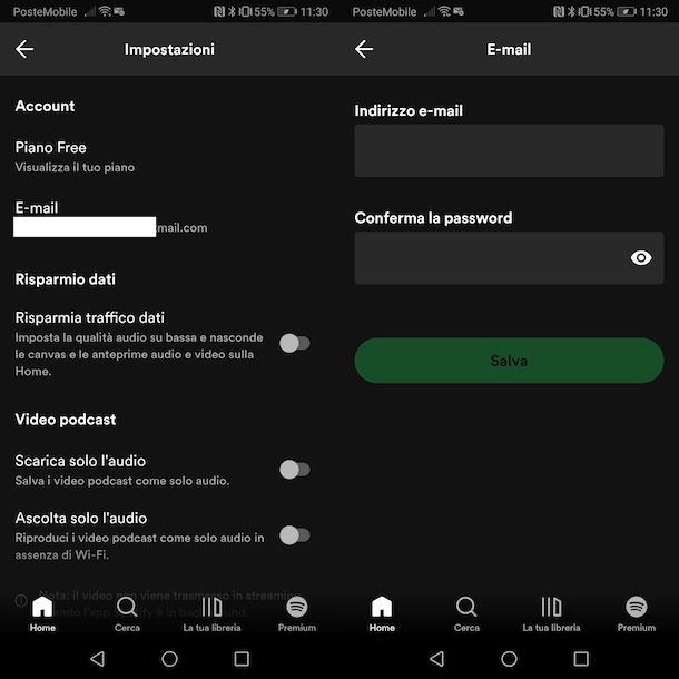 Cambiare email Spotify da Android