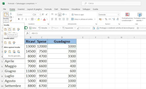 incollare una formula Excel con le funzioni della barra degli strumenti