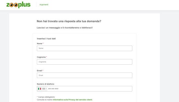 modulo di contatto online sito Zooplus