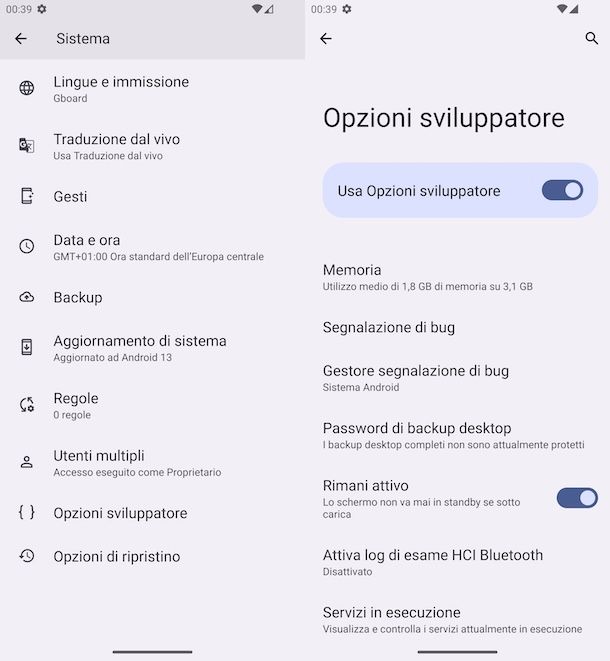 Opzioni sviluppatore Android