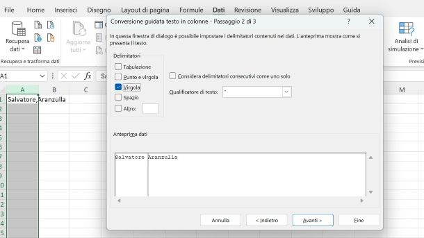 Come dividere nome e cognome in due celle Excel