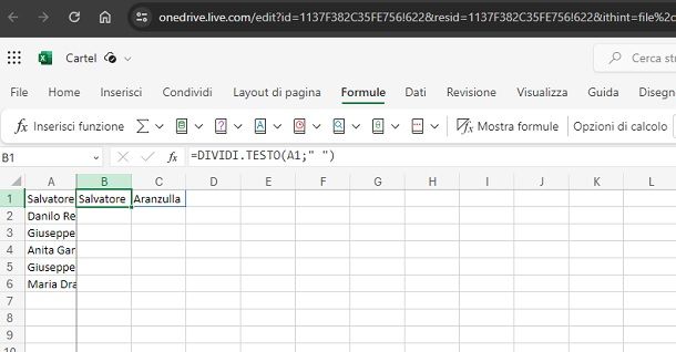 Divisione di nome e cognome da Excel Web