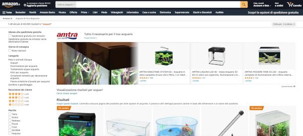 pagina sito Amazon con prodotti per acquari