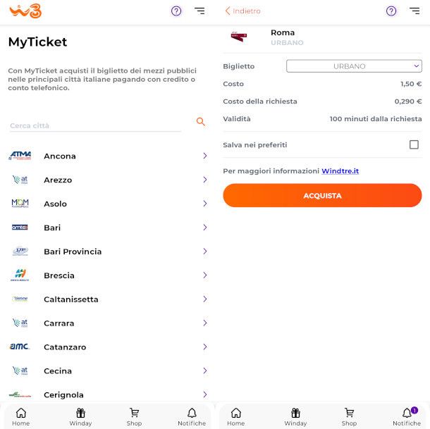 acquisto biglietto autobus app WINDTRE