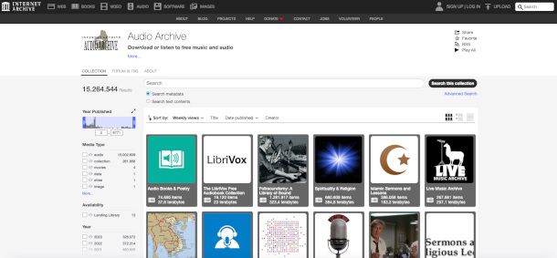 pagina contenuti audio sito Archive.org