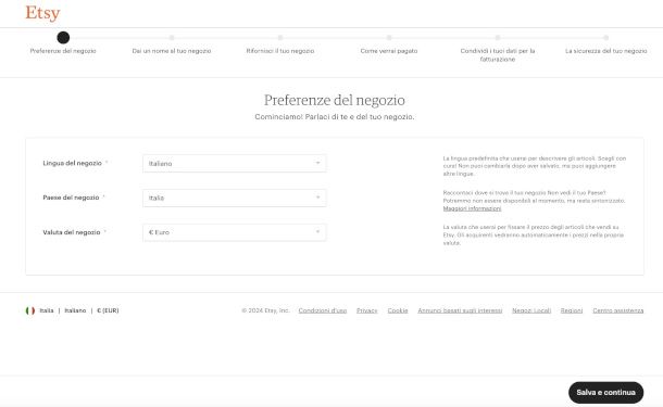schermata di creazione negozio su Etsy