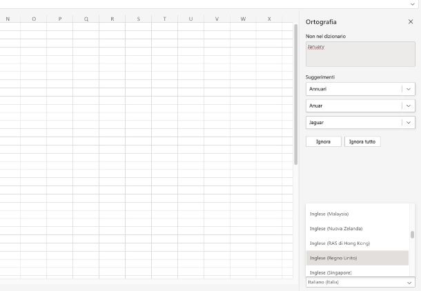 aggiornamento lingua strumenti di correzione su Excell online