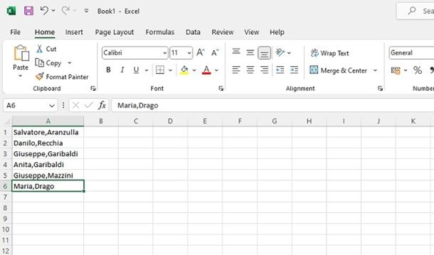 Dividere nome e cognome nella stessa cella.