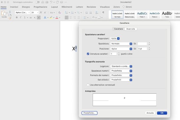 impostare apice su Word per Mac