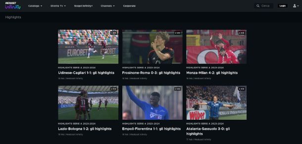 pagina contenuti calcio Mediaset Infinity