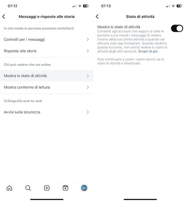 Mostrare stato di attività su Instagram