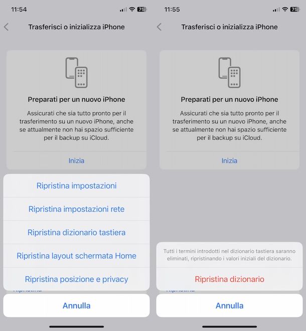 Ripristinare dizionario tastiera iPhone