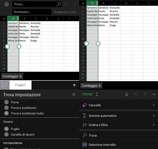 Separare nomi e cognomi nella stessa cella da app Excel