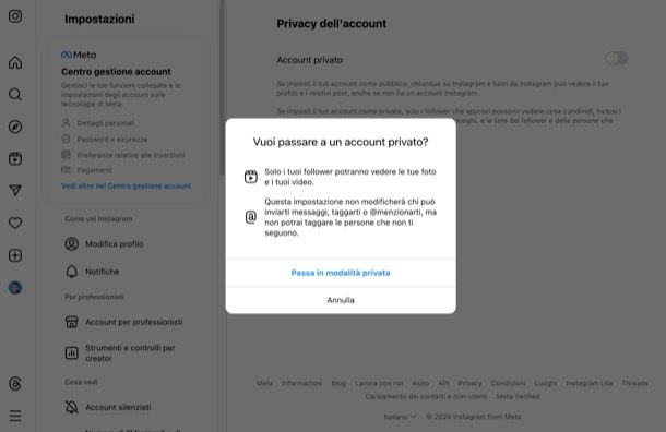 Privatizzare account Instagram