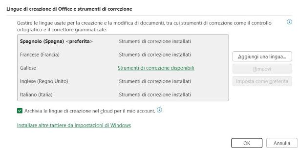 cambiare lingua di modifica e strumenti di correzione Excel