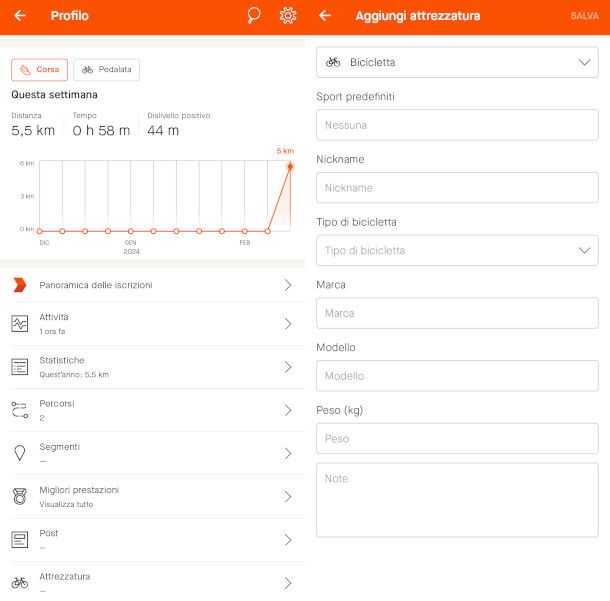 gestione attrezzatura app Strava