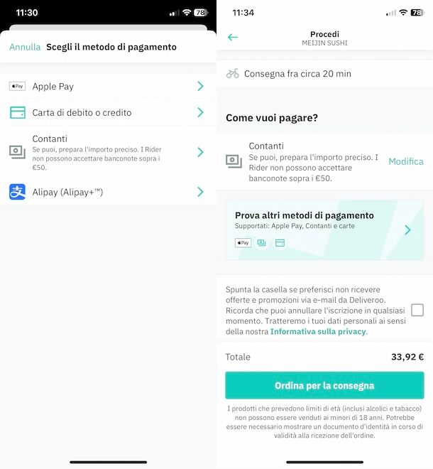 Pagamento in contanti su Deliveroo