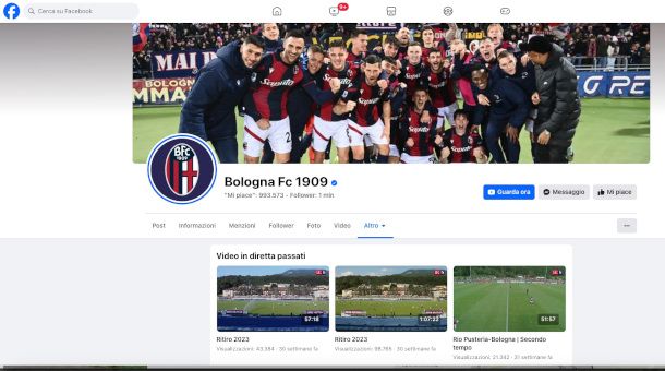 profilo squadra Bologna FC su Facebook
