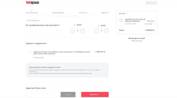 schermata prenotazione viaggio su sito WeRoad