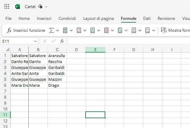 Dividere nome e cognome lasciandoli nella stessa cella con Excel