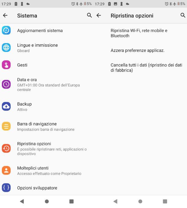 Ripristinare dati di fabbrica