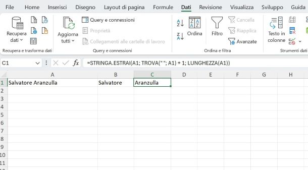 Formula per dividere nome e cognome su Excel