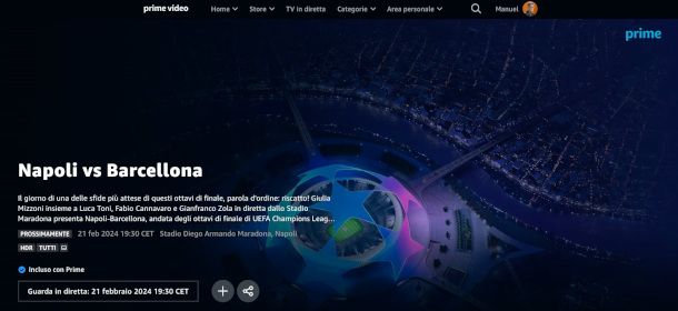 pagina incontro Champions League su Amazon Prime Video