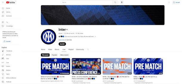 canale del club Inter su YouTube
