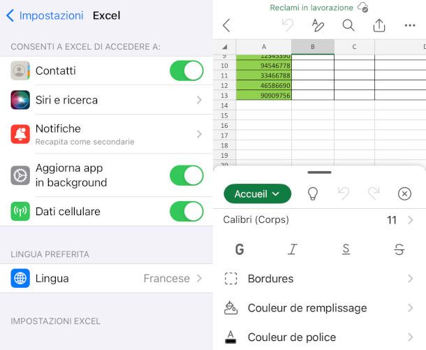 modifica lingua app Excel su iOS
