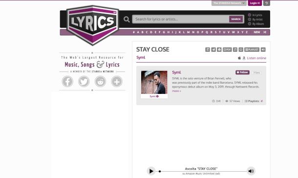home page sito Lyrics.com