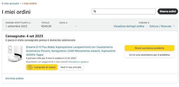richiesta assistenza prodotto Amazon