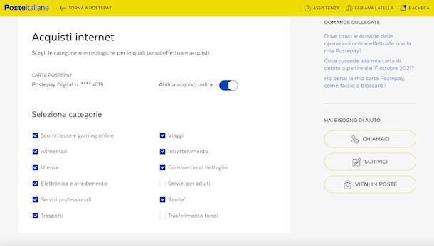 Disattivare acquisti online da poste.it