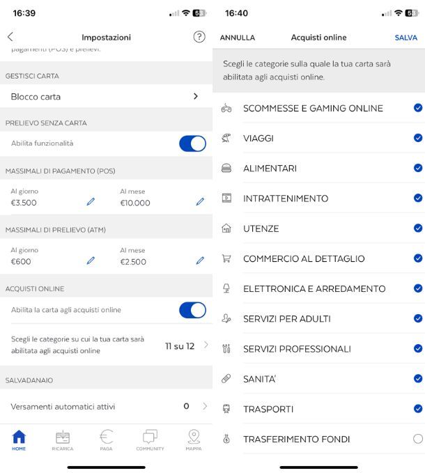 Disattivare acquisti online app Postepay