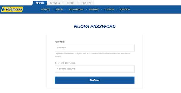 Impostare nuova password Telepass