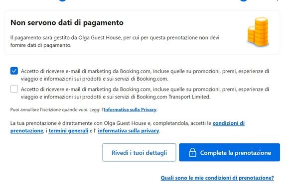 booking pagamento senza dati