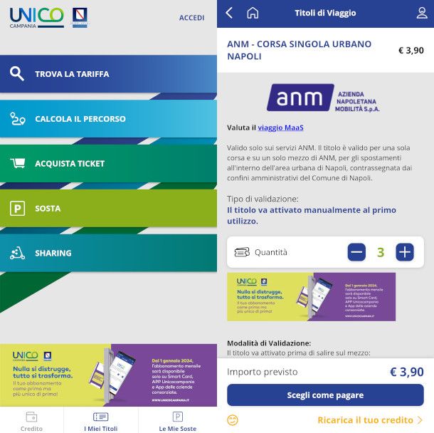 acquisto biglietti app Unico Campania