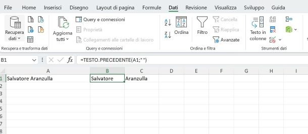 Formula per dividere nome e cognome su Excel