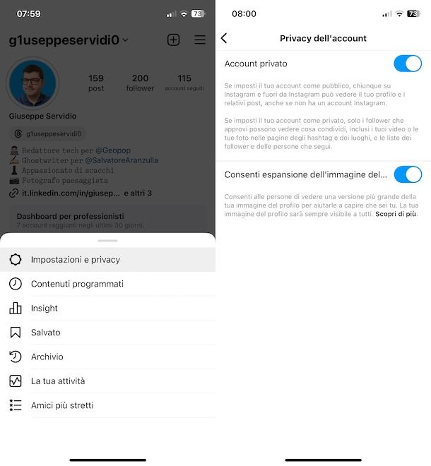 Privatizzare account Instagram