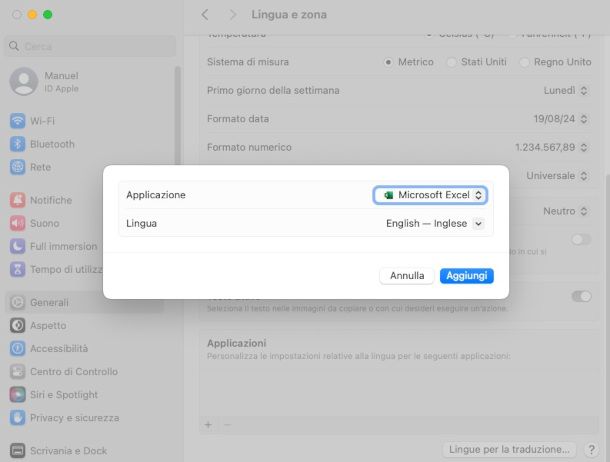 modifica lingua visualizzazione Excel Mac