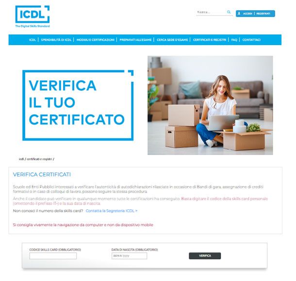 Verifica certificato ICDL con codice Skills Card
